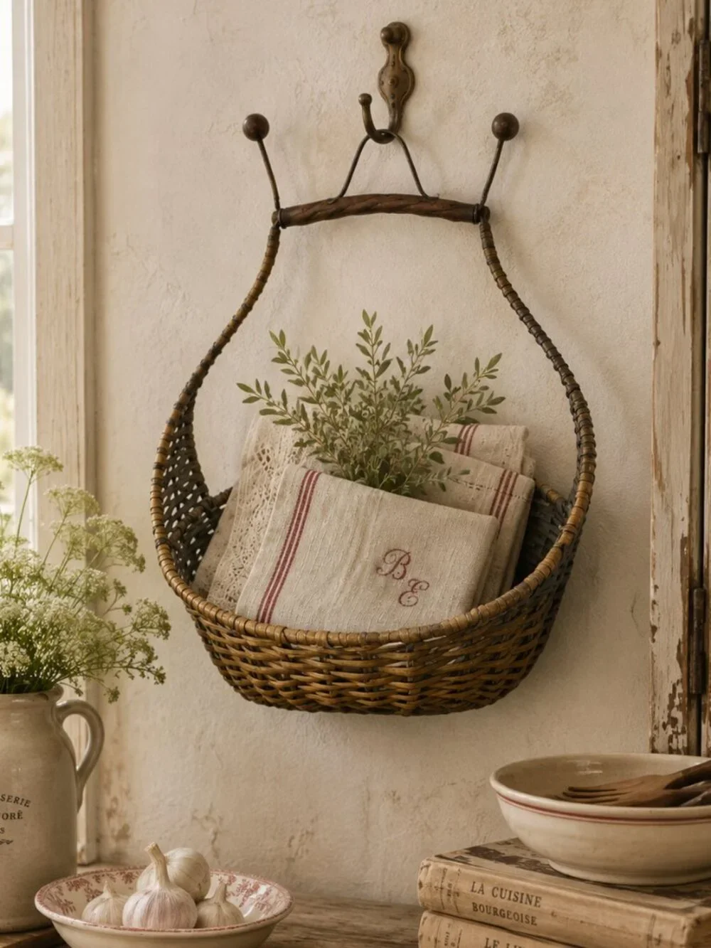Vintage Woven Wicker & Metal Hanging Wall Basket with Sculptural Handle